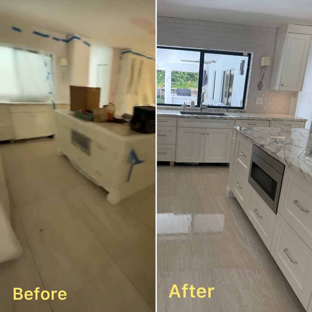 Before and after cleaning of kitchen following renovation